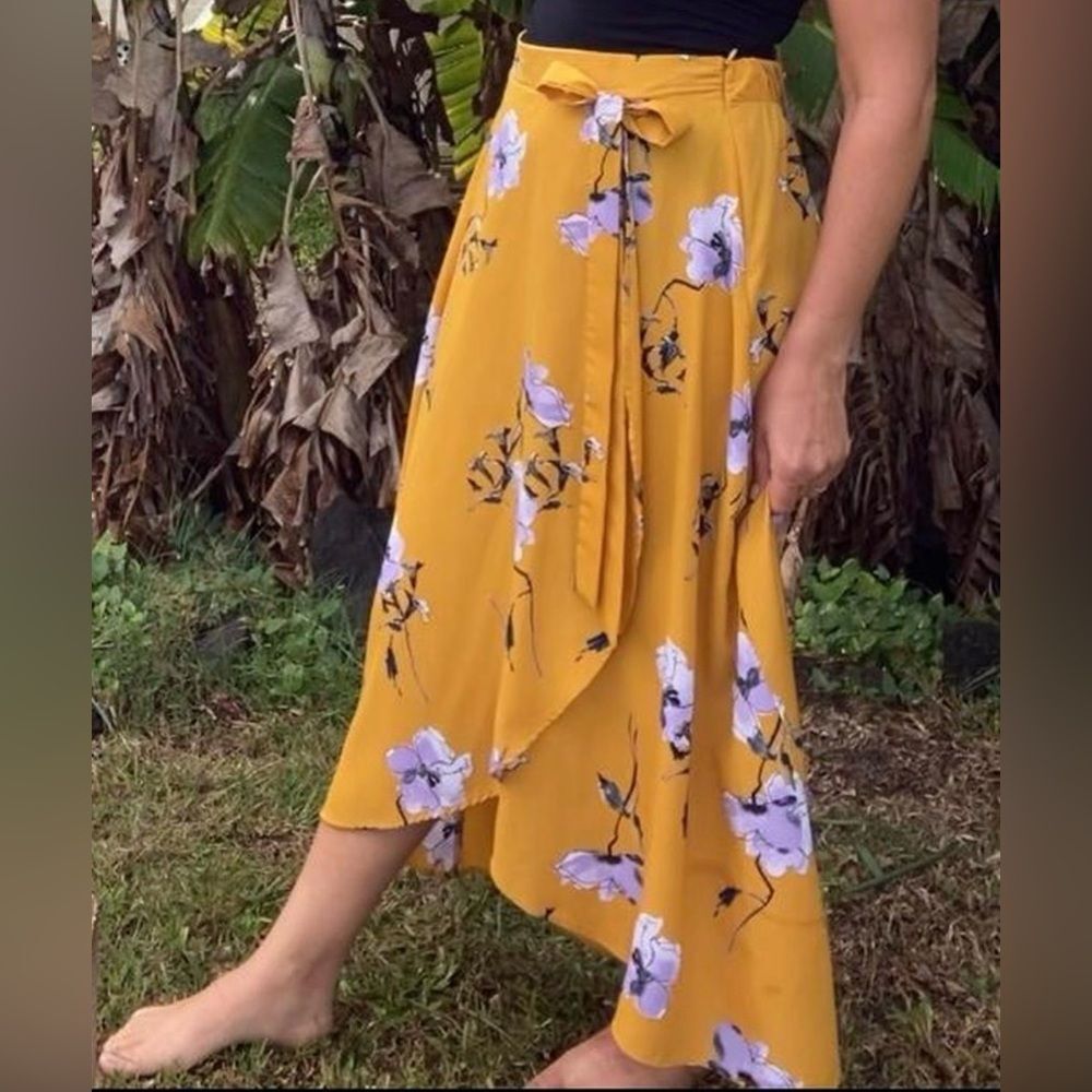 Le Lis Mustard Yellow Floral Asymmetrical Wrap Skirt